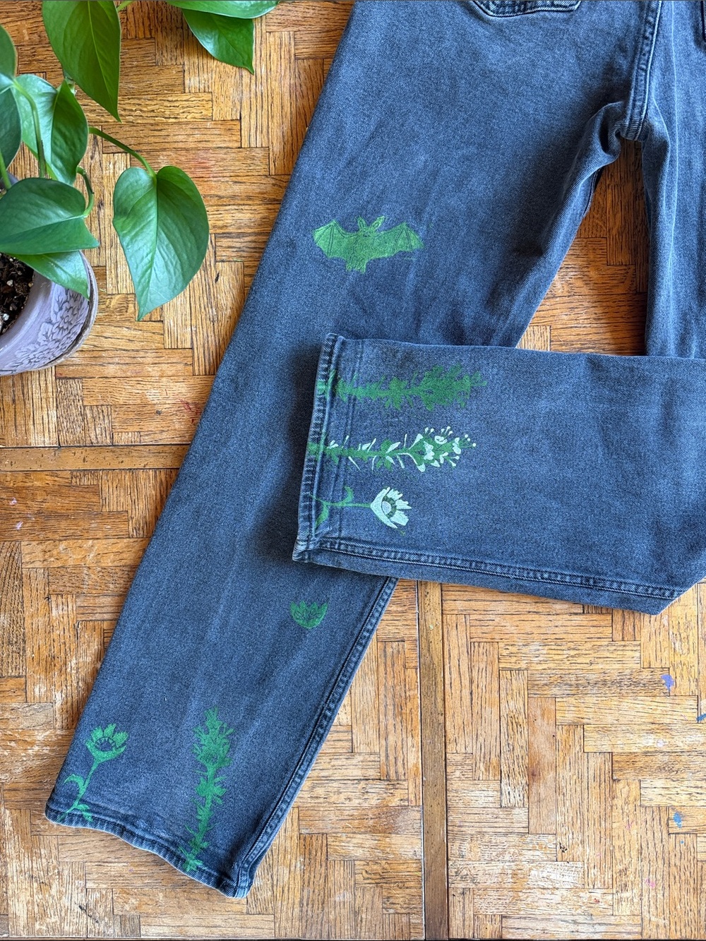 Autumn Bat & Wildflower Upcycled Jeans